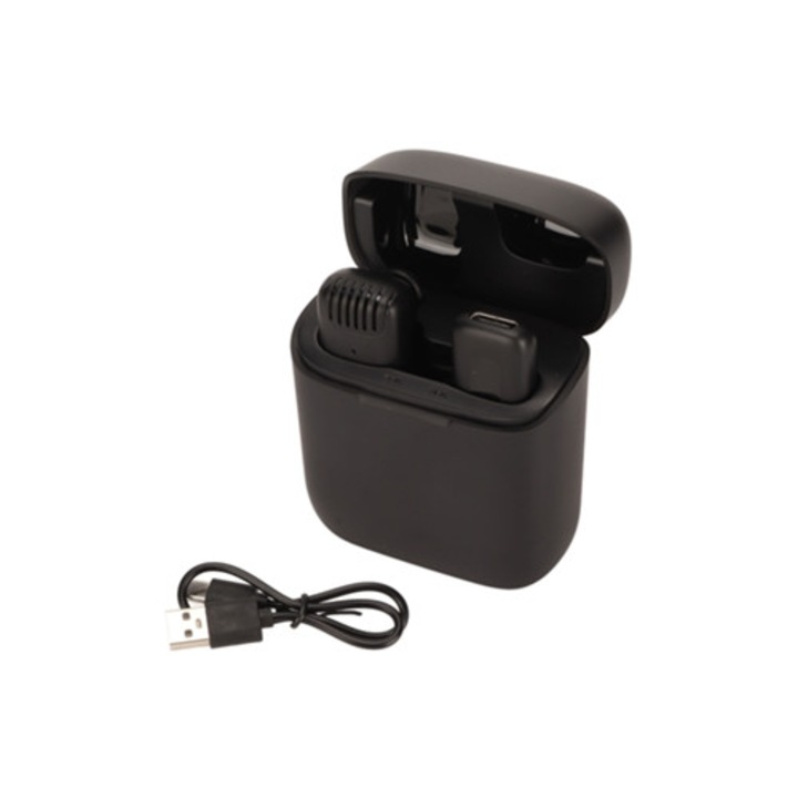 Microfon lavalier wireless, reducere zgomot, clip, carcasa de incarcare, pentru Android si iOS