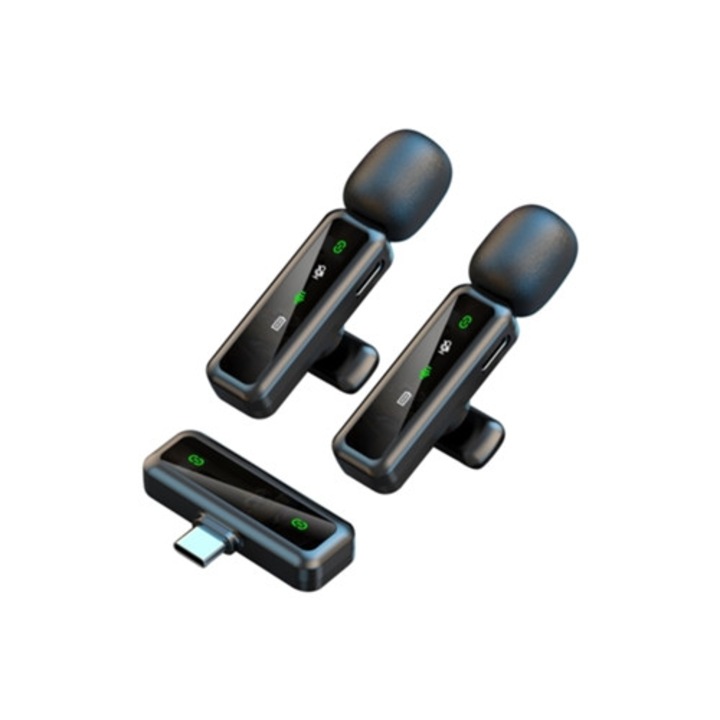 Microfon lavalier wireless, 2 transmitatoare, 1 receptor USB-C, reducere zgomot