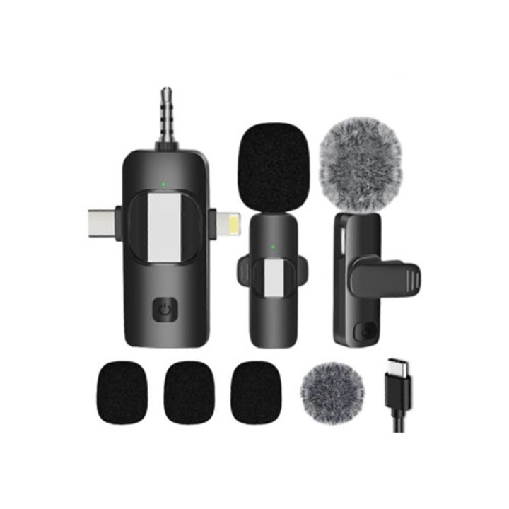 Двоен безжичен Lavalier микрофон, 3 в 1, за iPhone, Android, камера, лаптоп, PC