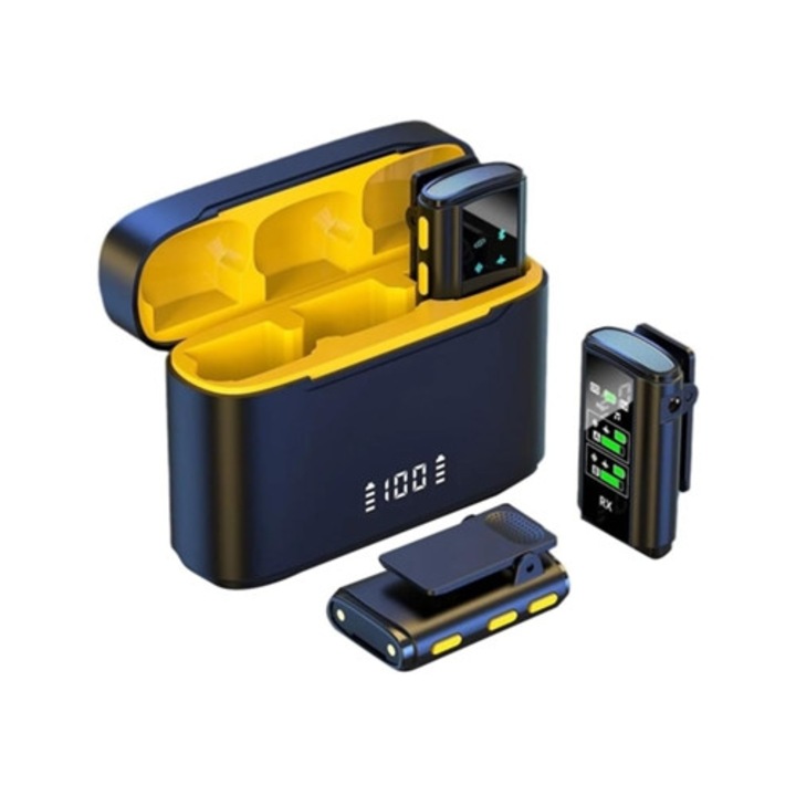 Microfon lavalier wireless, reducere zgomot dual, carcasa stereo de incarcare, pentru camera si smartphone