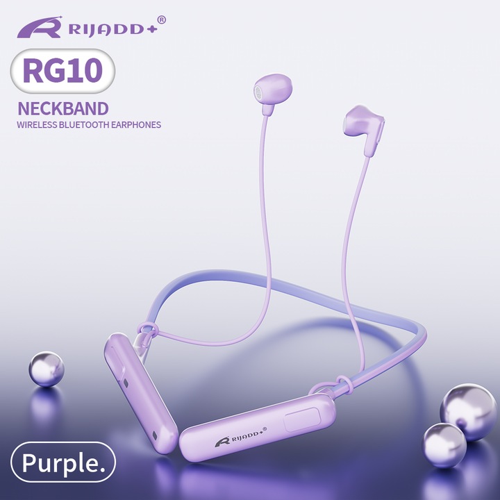 Casti Bluetooth cu banda de gat RG10 – HiFi Sunet Clar, 100H Autonomie, ENC Reducere Zgomot, Incarcare Magnetica, IP67 Rezistent la Apa, Design Elegant, mov