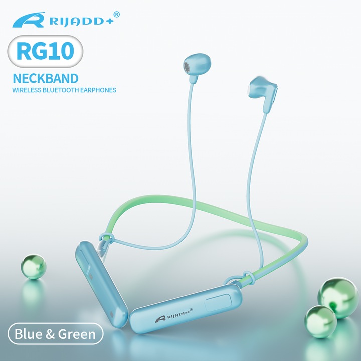 Casti Bluetooth cu banda de gat RG10 – HiFi Sunet Clar, 100H Autonomie, ENC Reducere Zgomot, Incarcare Magnetica, IP67 Rezistent la Apa, Design Elegant, Albastru
