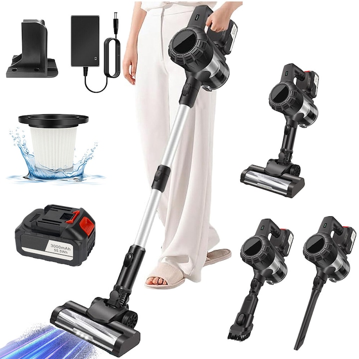 Вертикална безжична прахосмукачка, Bedee®, 2 режима, 400W, 30000Pa, 1200 мл контейнер, 99.99% филтрация, четка с LED осветление, двусекционна удължителна тръба, HEPA филтър, турбо функция, черна