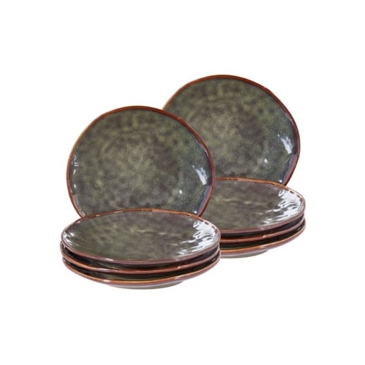 8 db sötétzöld kerámia desszerttányér szett kakukkfűvel