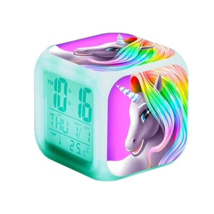 Unikornis digitális ébresztőóra, 7 színű LED