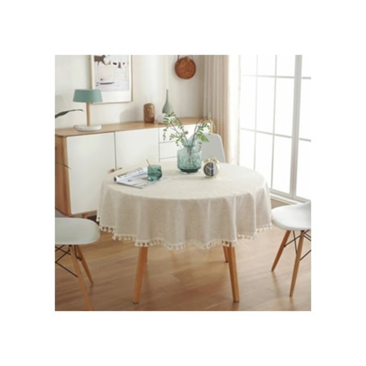 Fata de masa rotunda din in, lavabila, antirid, cu ciucuri, pentru bucatarie, dining, masa de cafea, gradina