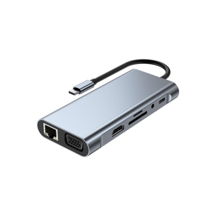 Hub USB C 11-in-1, 4K HDMI, VGA, USB 3.0, cititor carduri SD/TF, RJ45, 3.5mm Aux