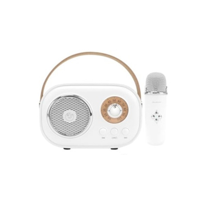 Mini karaoke gép gyerekeknek, hordozható Bluetooth hangszóró, 1 vezeték nélküli mikrofon, játék, fehér