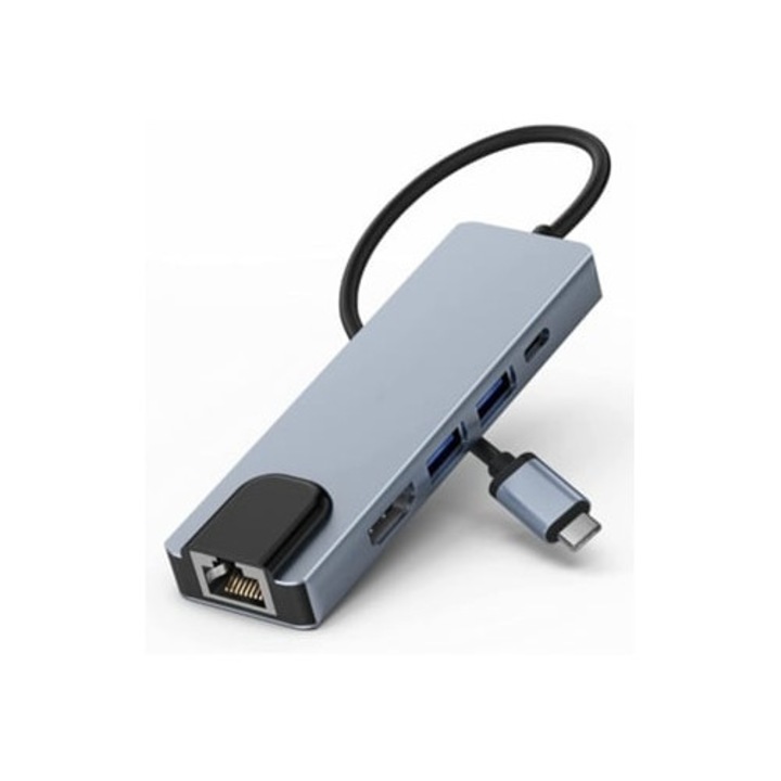 USB C elosztó Ethernet és HDMI porttal, szürke