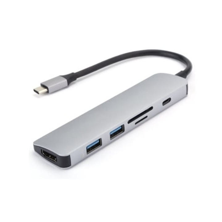 Többfunkciós 6 az 1-ben Type-C Hub, HDMI/USB3.0 bővítés/PD3.0 töltés, szürke