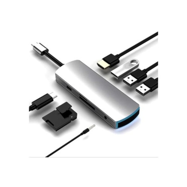 Hub USB Type-C 8 az 1-ben, 4K, TFSD kártyaolvasó, 3 db USB 3.0 port, Gusshious