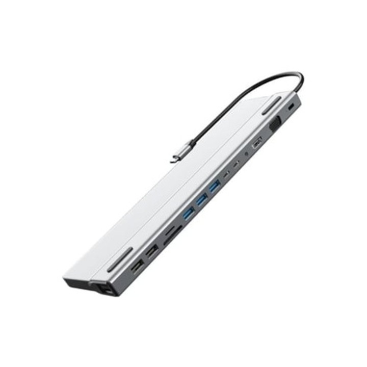 Хъб USB C 12 в 1, двоен дисплей, 4K HDMI, USB портове, 3.5мм аудио, PD 100W, комплект