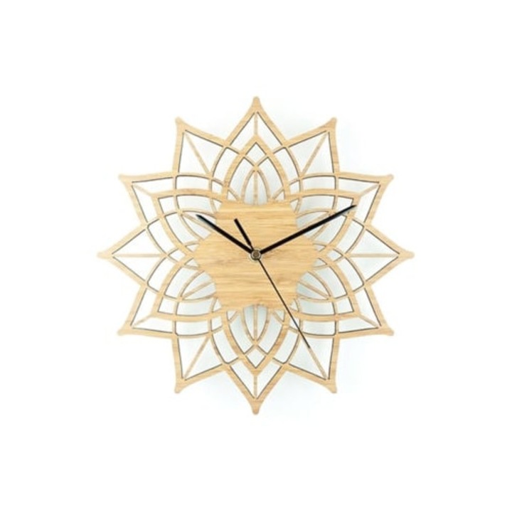 Lotus Bamboo dekoratív óra, természetes fa, virág design, kvarc szerkezet, némított