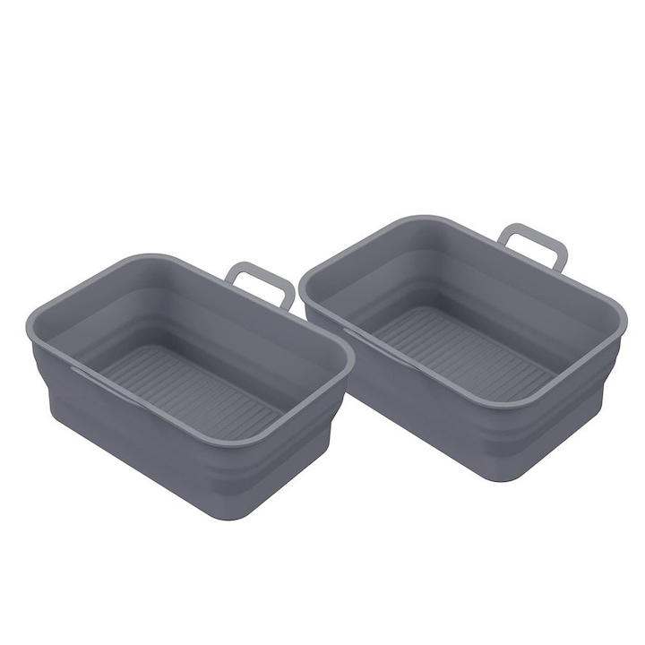 2 db sütőforma szett légfritőzbe, tapadásmentes, magas hőmérsékletnek ellenálló, könnyen tisztítható, könnyen kioldható, újrafelhasználható, összecsukható kialakítás, csúszásmentes fogantyúkkal, szilikon, szürke