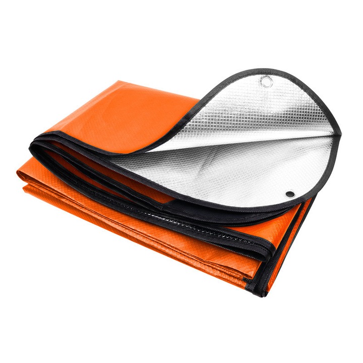 Patura de Urgenta, Impermeabila si rezistenta la vant, Izolatie termica, Portabila, Reutilizabile, Elastica si rezistenta la rupere, Pentur drumetii, aventura, Aluminiu/PP, 210*150cm, Portocaliu