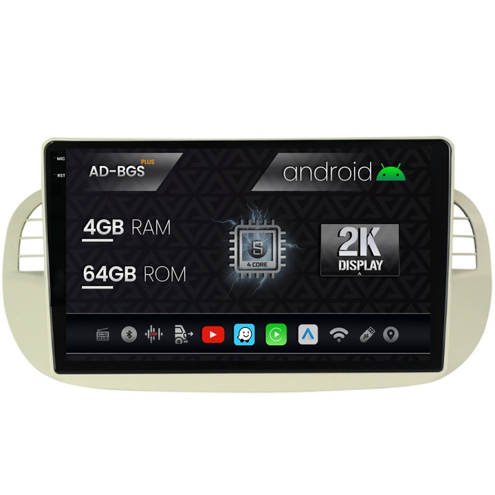 Navigatie Autodrop 2K Fiat 500 (2007-2014), Android OS, S-Quadcore, 4GB RAM, 64GB ROM, 9.5 Inch - AD-BGS90042K, AD-BGRKIT362V2