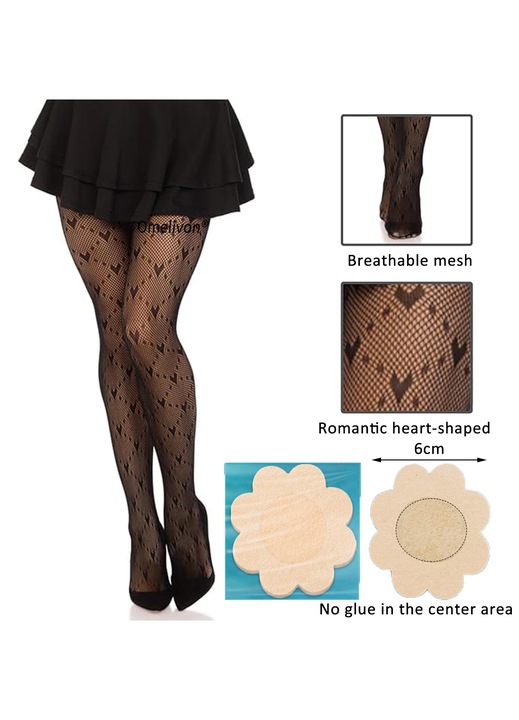 Colanti sexy pentru femei Omelivon® (1 pereche) + capace pentru mameloane (10 bucati), design in forma de inima, garnitura din dantela, stil sexy, confortabili si respirabili, material nailon, marimi internationale, negru