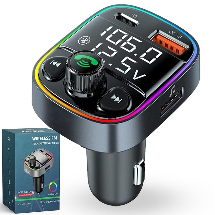 Bluvista® Autós Bluetooth 5.0 FM Modulátor 10 Funkcióval, C Típusú / USB QC 3.0 Autós Töltővel, Kihangosító Autós Készlettel, FM Adóval, RGB LED-del, Akkumulátor Feszültség Jelzővel, Fekete