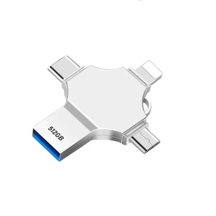 Флаш памет 4 в 1, 512GB, USB 3.0, 4 вида връзки, USB Type-C/ Lightning/ Micro-USB, съвместима с iPhone/ Android, бърз трансфер между устройства, Сребрист