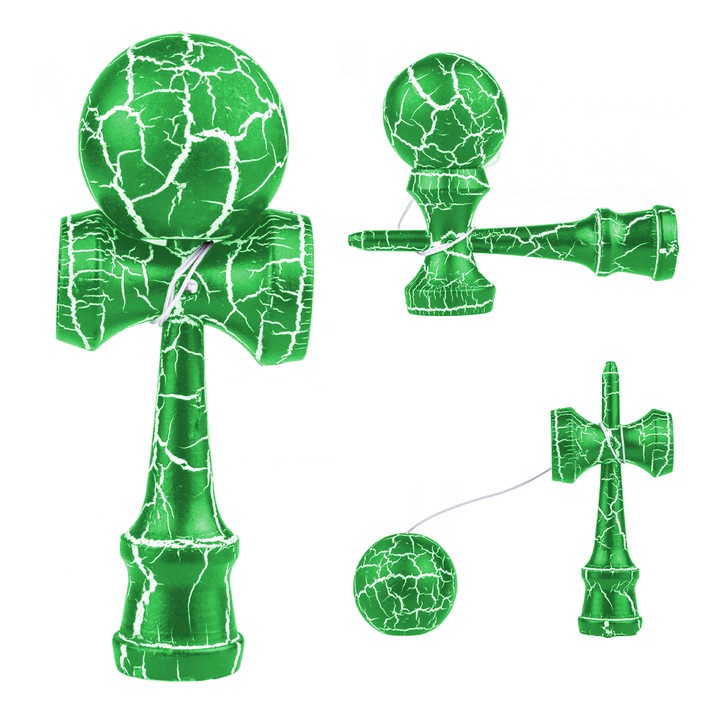 Kendama Profesionala din Lemn Teno®, model Crack, rezistenta ridicata, 18 cm, alb/verde