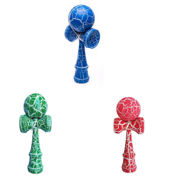 Set 3 Kendama din lemn, 18 cm, Roz/Alb, Verde/Alb si Albastru/Alb design clasic