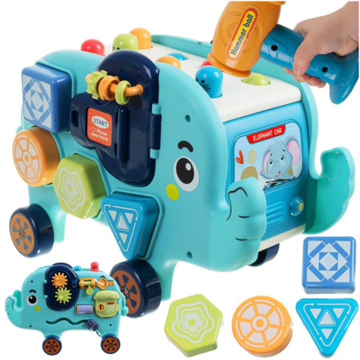 Elefant interactiv VarioShop®, Montessori, puzzle, tabla de manipulare, blocuri si ciocan, varsta 18+ luni, multicolor, dezvoltare senzoriala si dexteritate