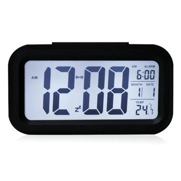 Digitális ébresztőóra belső hőmérséklettel, szundi funkcióval, LCD kijelzővel, elemmel működő, 12/24 órás formátum
