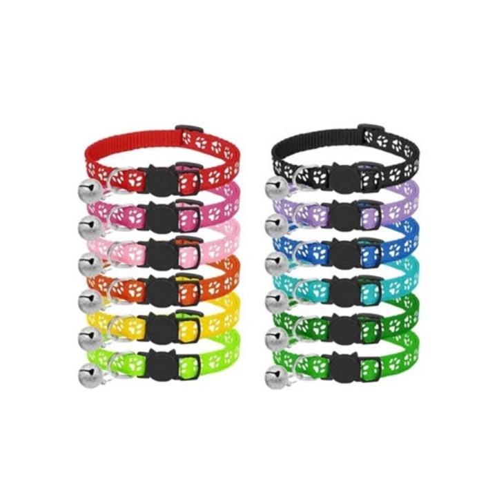 Set 12 zgarzi pentru pisici, antiahogo, cu curea reflectanta, clopotel, ajustabile 19x32cm