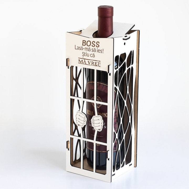 Дървена кутия за вино JOYSTOS със забавно послание „Шефе, пусни ме да изляза! Знам, че ме искаш!” – Забавен подарък за шеф, мъж, рожден ден, Коледа