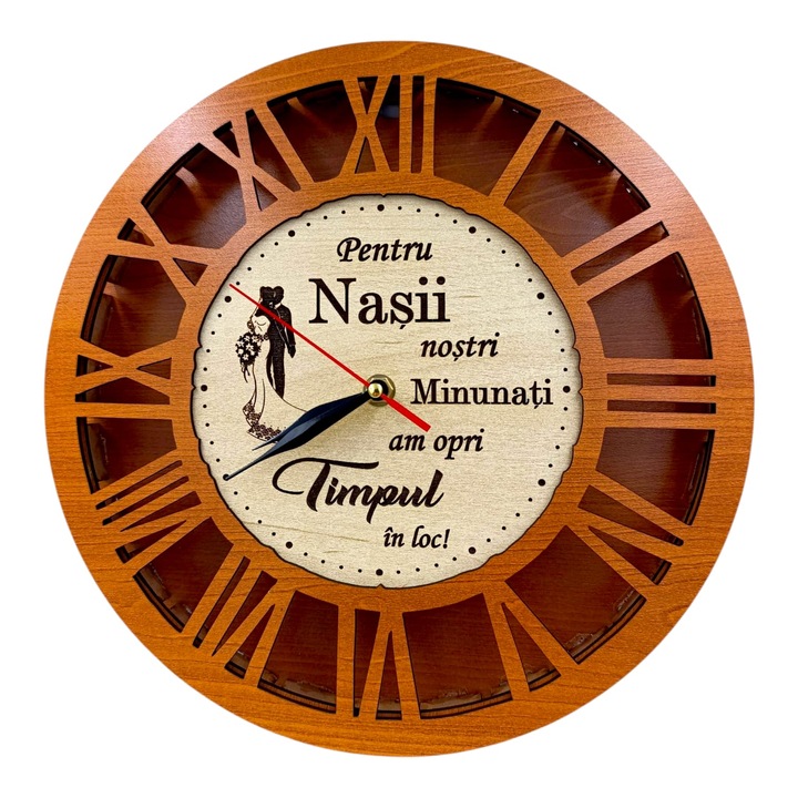 Ceas de perete, cadou personalizat cu mesaj pentru Nasi, dimensiune 30 cm, cires