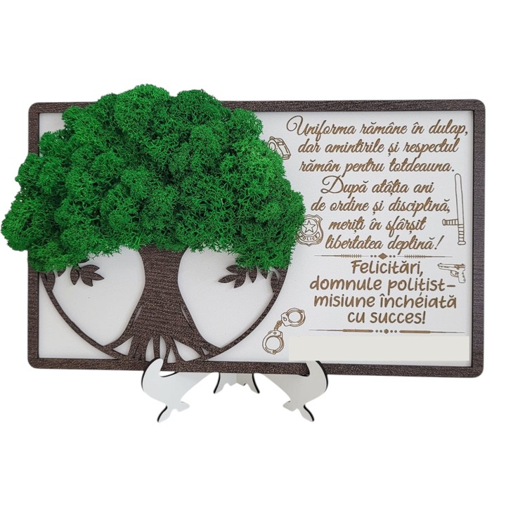 Decoratiune Cadou Pensionare Politist – Copacul vietii cu Licheni gravat cu Mesaj