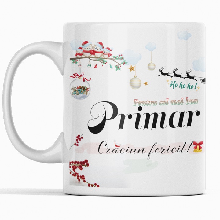 JOYSTOS, Cana Ceramica, Alba, 330 ml, Cu Mesaj de Craciun ”Cel mai bun Primar - Craciun Fericit”