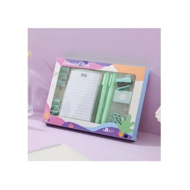 Set birou, verde, capsator, perforator, agrafe, pix