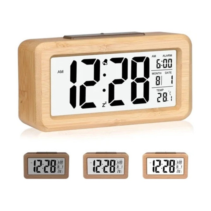 Digitális bambusz ébresztőóra, hőmérséklettel és háttérvilágítással, hálószobába, szett