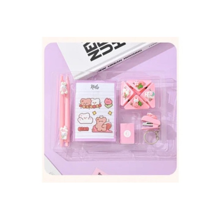 Комплект телбод Eifson Macaron, триъгълни кламери, кабърчета, гел химикалки, тефтер, розов