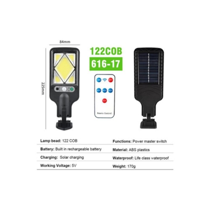 Соларна лампа за външно осветление Eifson 122 Cob, 17 LED, компактни размери