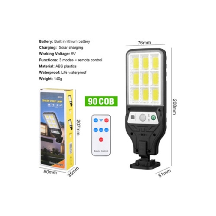 Соларна лампа за външно осветление, 90 COB, с дистанционно управление, 1200 mAh