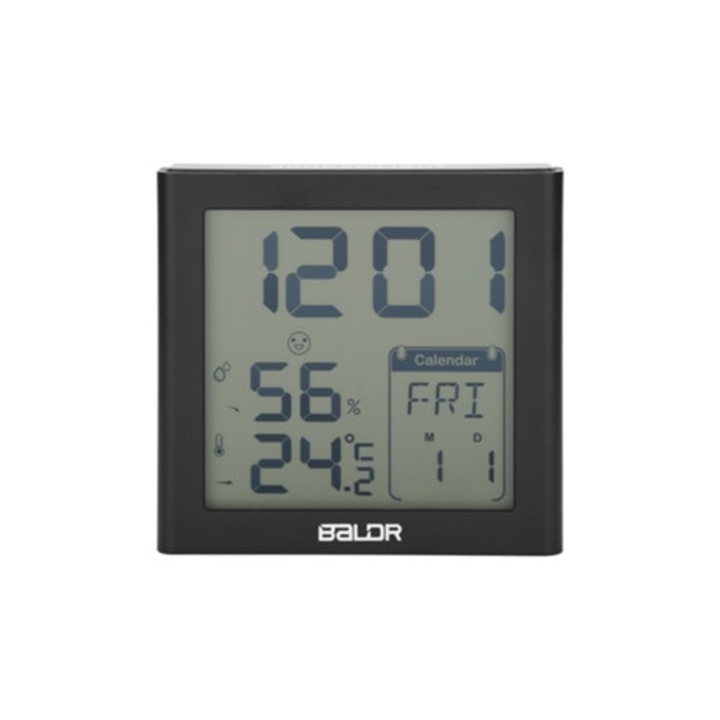 Termometru digital LCD, negru, cu higrometru, alarma, calendar si temporizator