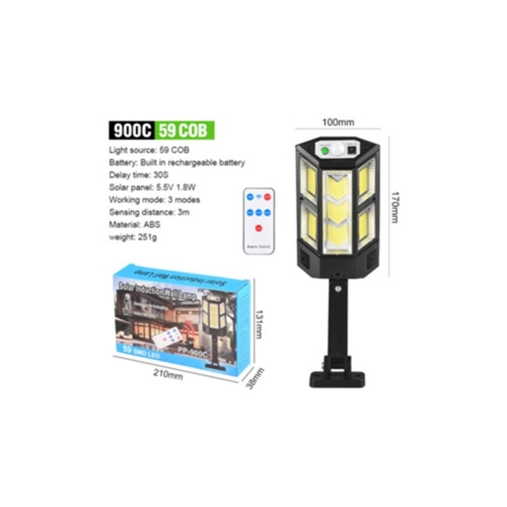 Lampa solara pentru exterior, 3 moduri de iluminare, 59 COB