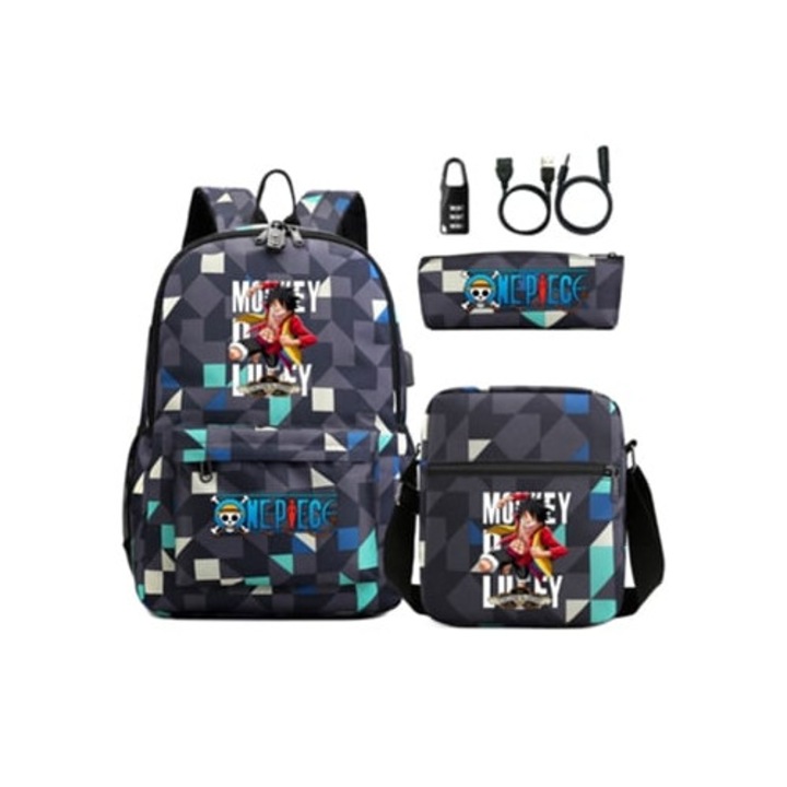 One Piece iskolatáska jelszóval, 3 részes szett, többszínű