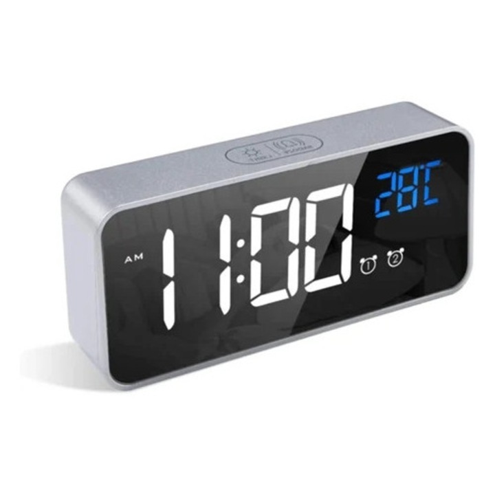 Truyuety digitális ébresztőóra, szundi funkció, USB töltés, ezüst