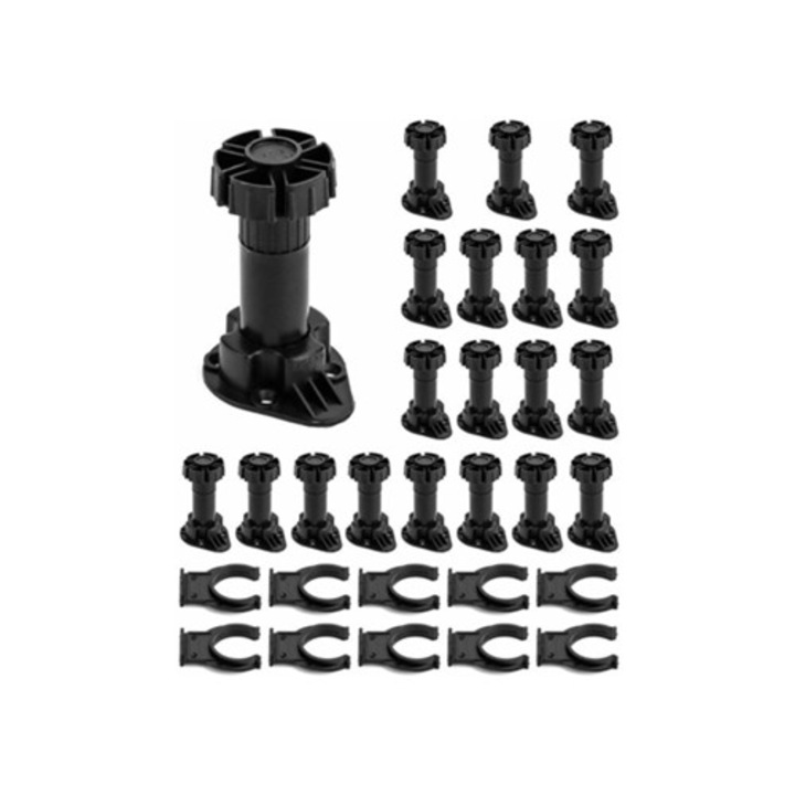 Picioare nivelatoare pentru mobilier, inaltime ajustabila, set cu 10 clipsuri de montaj, roti rezistente, negru