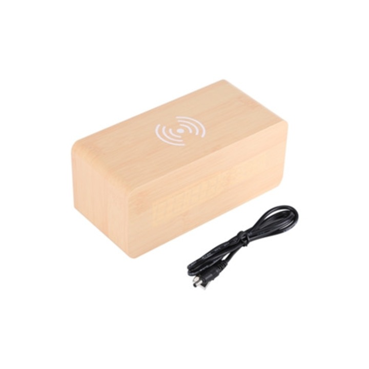 LED digitális fa ébresztőóra, hangvezérlés, hőmérséklet, vezeték nélküli töltő, fa szín