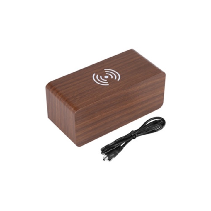 Dekoratív, digitális LED faóra, hangvezérlés, vezeték nélküli töltő, barna