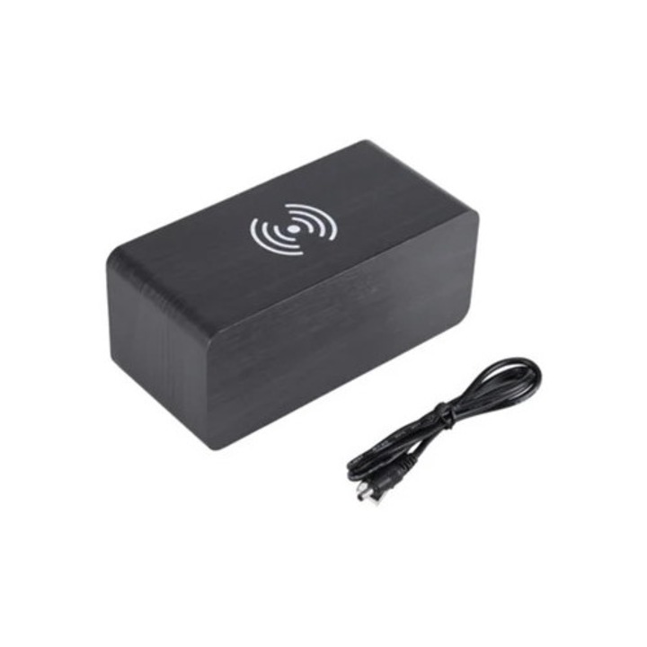 Fából készült digitális LED dekoratív óra, hangvezérléssel, vezeték nélküli töltővel, fekete