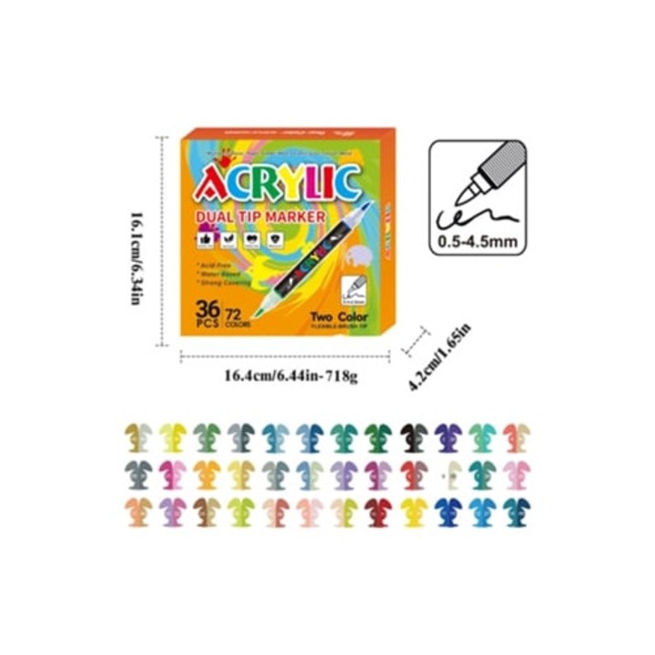 Set 72 markere acrilice lichide, doua culori, doua varfuri