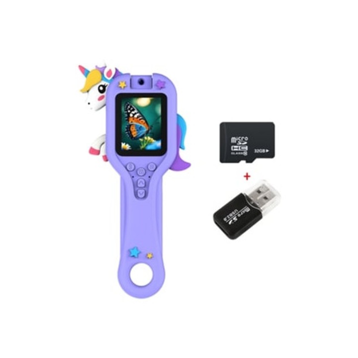 Lupa pentru copii, 500x, 2,0 inch, set cu card 32 GB si cititor de card, unicorn violet