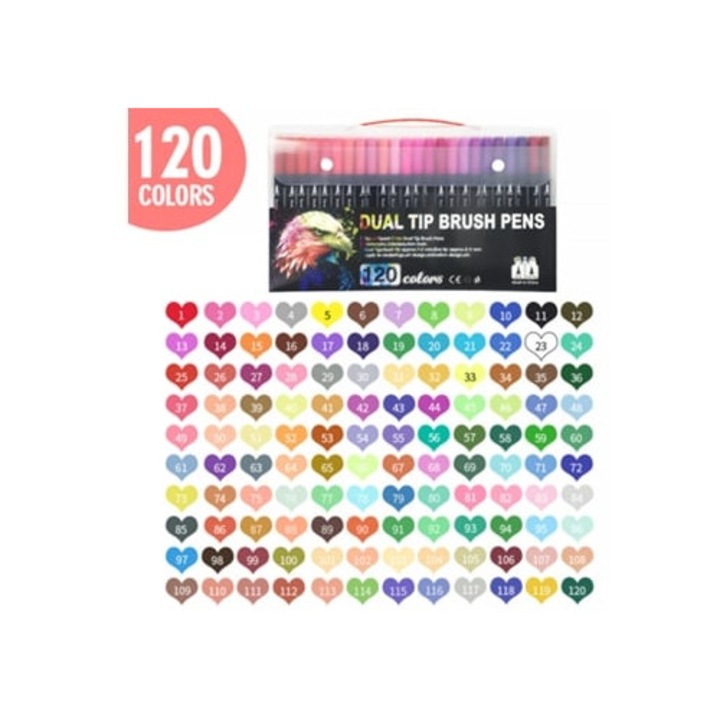 Set de 120 markere artistice cu varf fin, colorate, cu doua capete