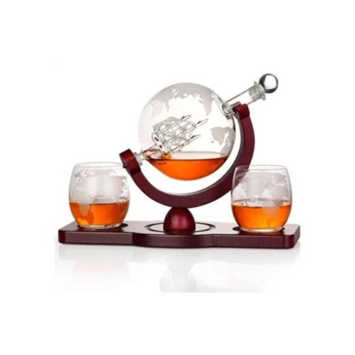 Üvegkészlet 2 gravírozott pohárral, fa tartóval, boroszilikát üvegből, átlátszó