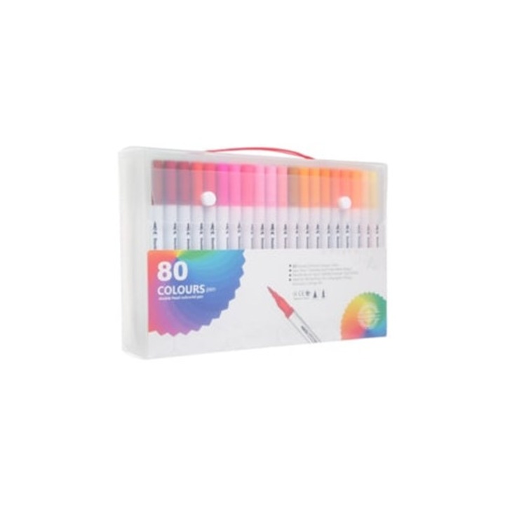 Set de 80 carioci colorate, lavabile, cu varf dublu, multicolor